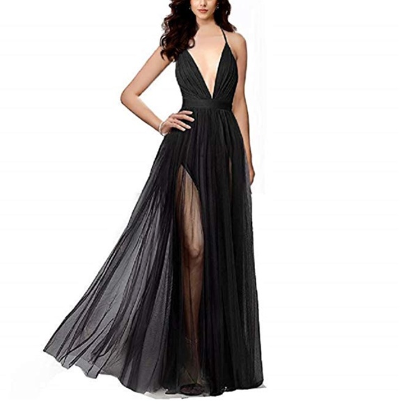 Dresses & Skirts - Elegant Sheer Deep V Cross Open Back Gown